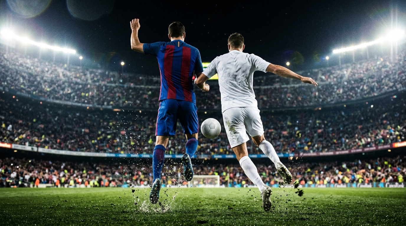 Dos futbolistas, uno con camiseta azulgrana y otro de blanco, disputan el balón bajo los reflectores