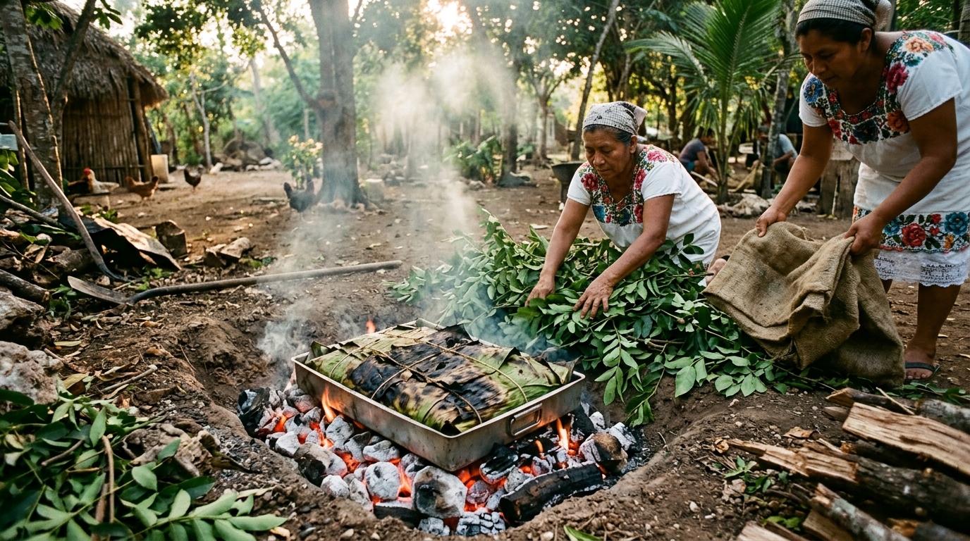 Horno subterráneo pib con piedras síintun, leña de catzín y hojas de plátano en Yucatán
