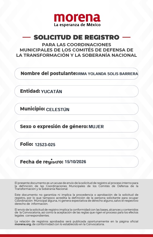Acuse oficial de solicitud de registro de Irma Yolanda Solís Barrera en Morena por Celestún