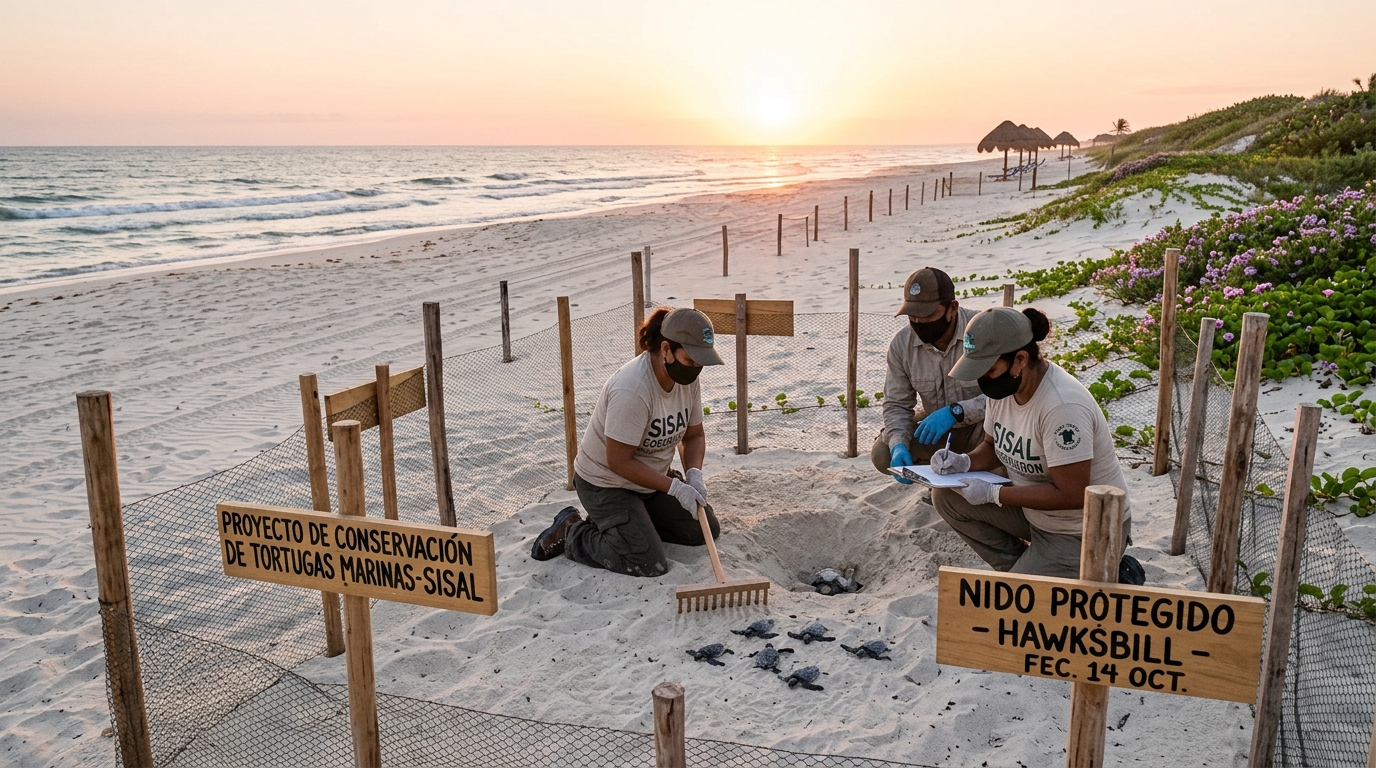 Protección de tortugas marinas en playas de Sisal: brigadas comunitarias registran récord histórico de nidos