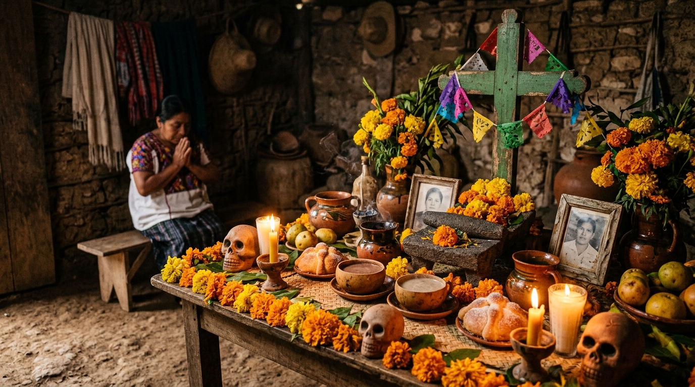Altar tradicional de Hanal Pixán con flores de cempasúchil, velas de cera, jícaras con chocolate y cruz de madera maya en Yucatán