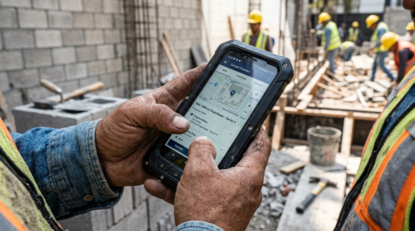 Trabajador de construcción mexicano operando un smartphone de uso rudo en una obra con polvo y grava