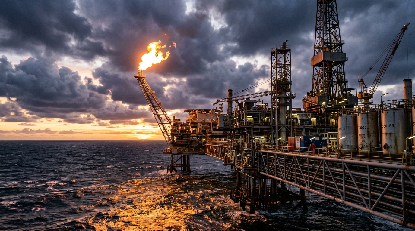 Plataforma de extracción petrolera marina con antorcha de gas encendida al atardecer sobre el mar