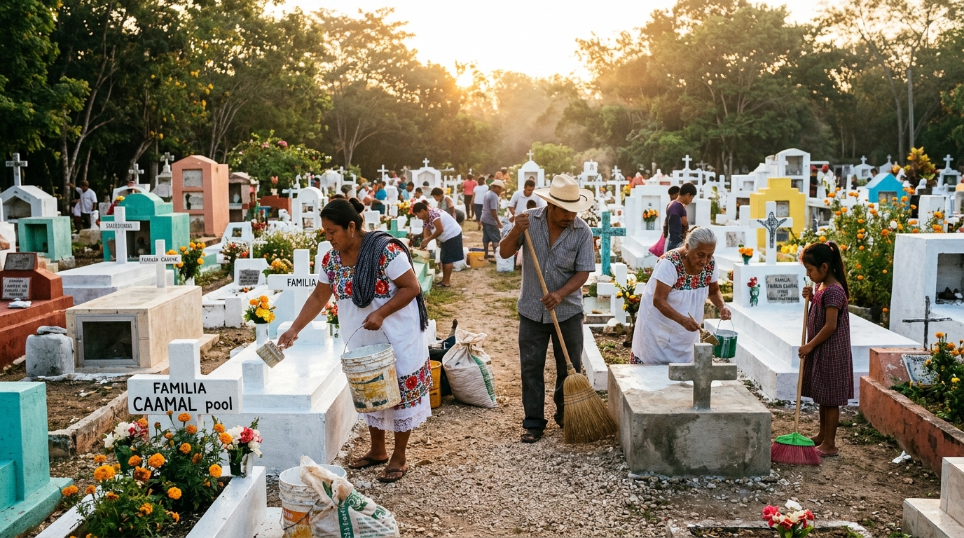 Familias y trabajadores comunitarios limpiando y encalando tumbas en el camposanto de Hunucmá