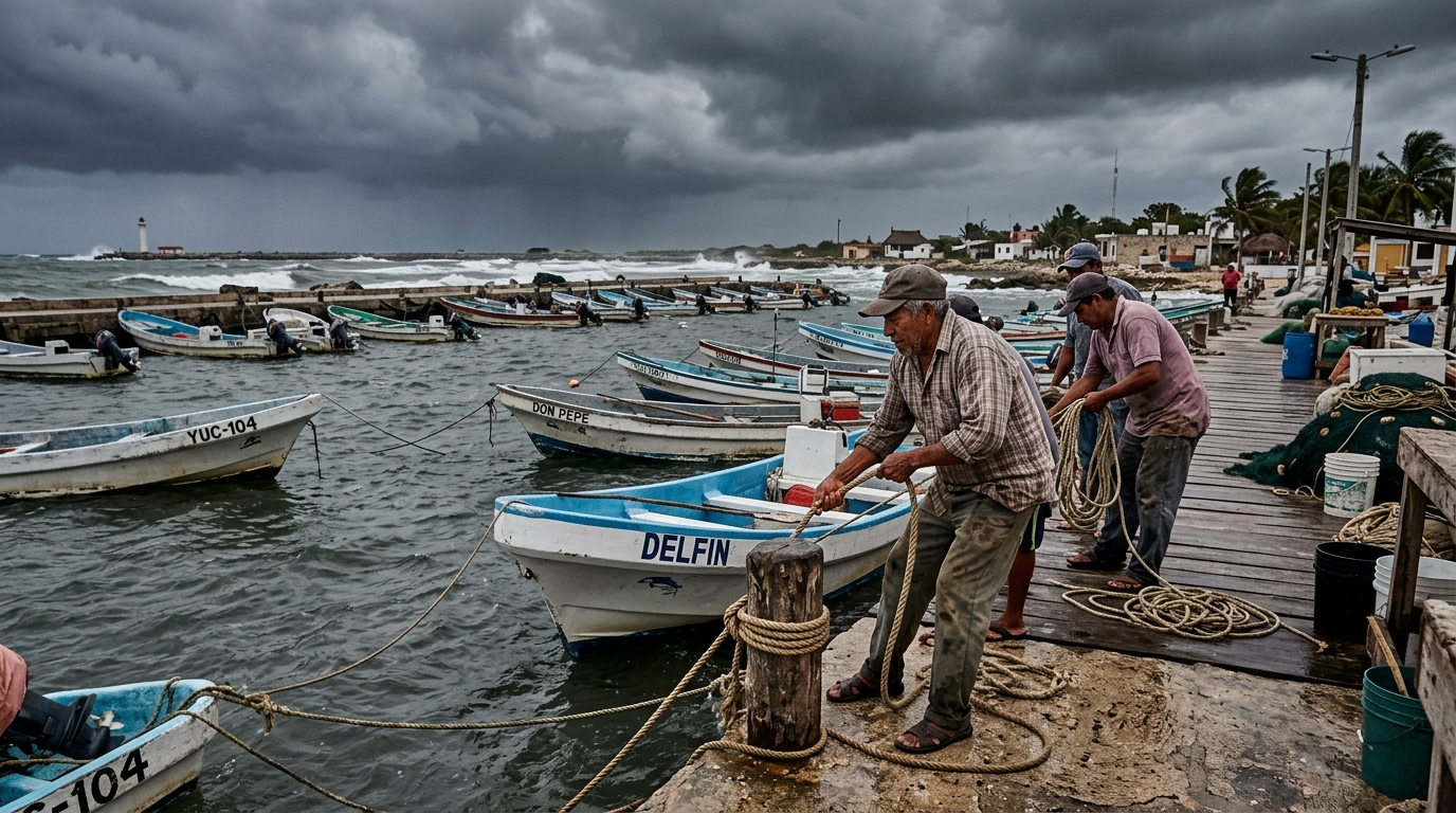Pescadores ribereños de Sisal asegurando cuerdas y amarres de sus lanchas en el muelle de abrigo frente al mar embravecido